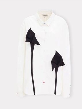 White Button-Down Shirt with Black Floral Appliqué